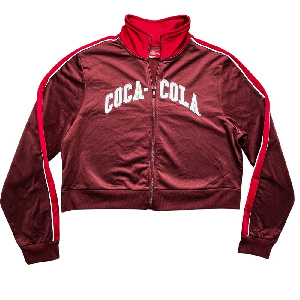 VTG Coca Cola Puff Letter Track Jacket‎ Medium Burgundy Red White Stripe Zip Up